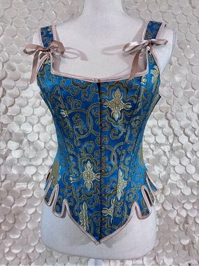 Sz. M Blue & Gold Brocade Corset Top with Lace-Up Back & Ribbon Ties